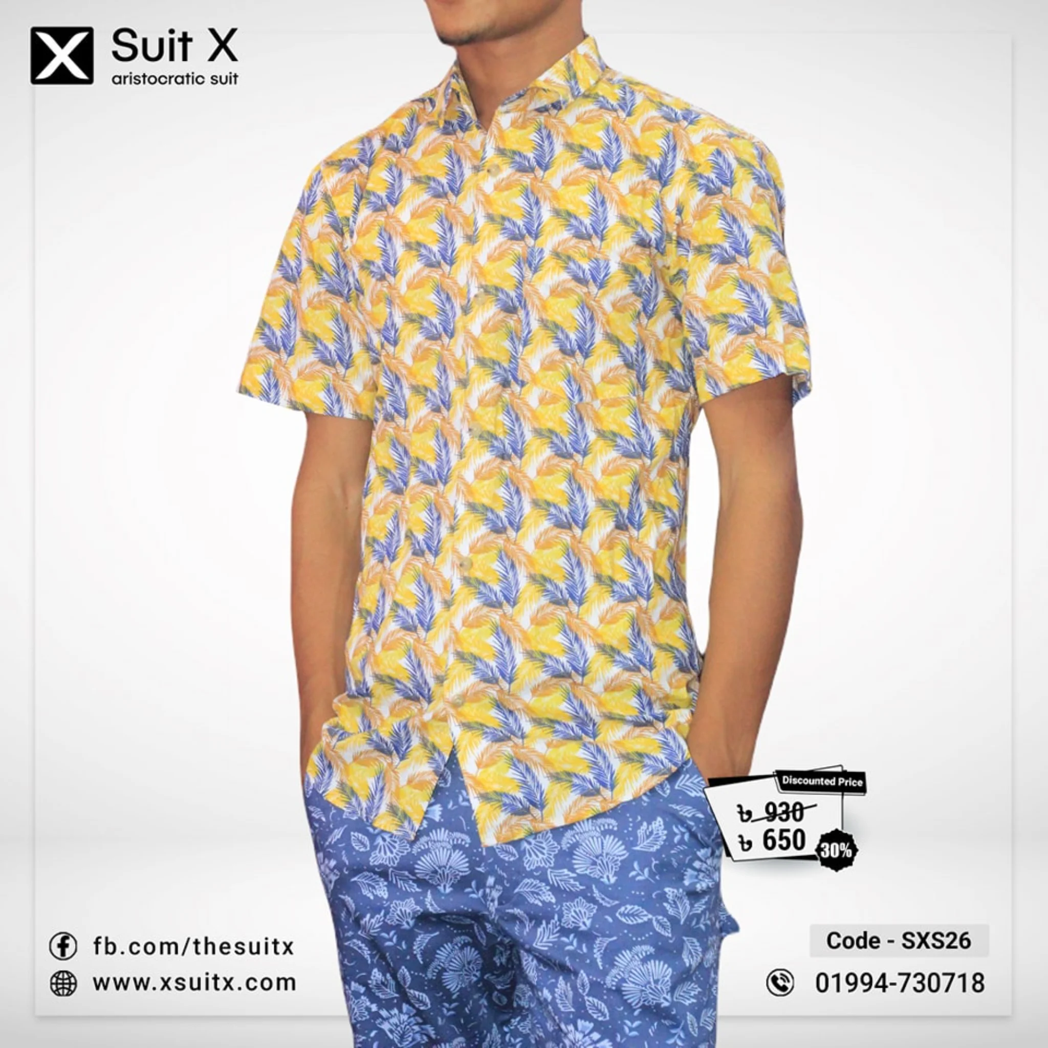 Yellow printed Cotton Party Slimfit Shirt L